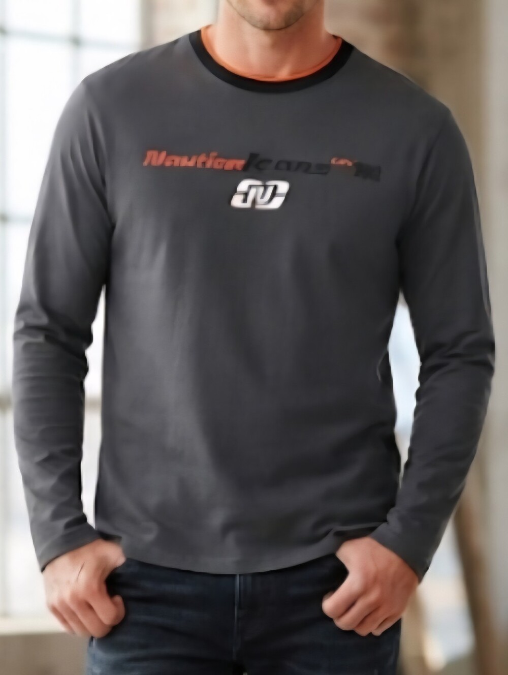 NWT Nautica Jeans Co. Men’s XL Long Sleeve Graphic Tee Grey Orange Crewneck